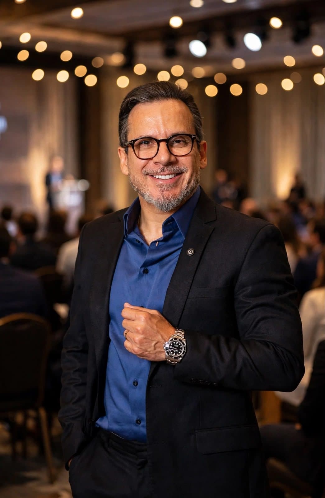 Gérson Rodrigues sorrindo em pé num salão de evento, com a plateia ao fundo