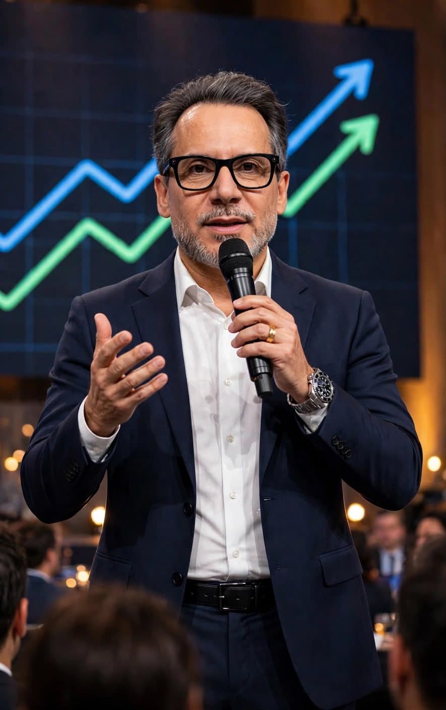 Gérson Rodrigues falando ao microfone diante de uma plateia, com gráficos de crescimento no painel atrás